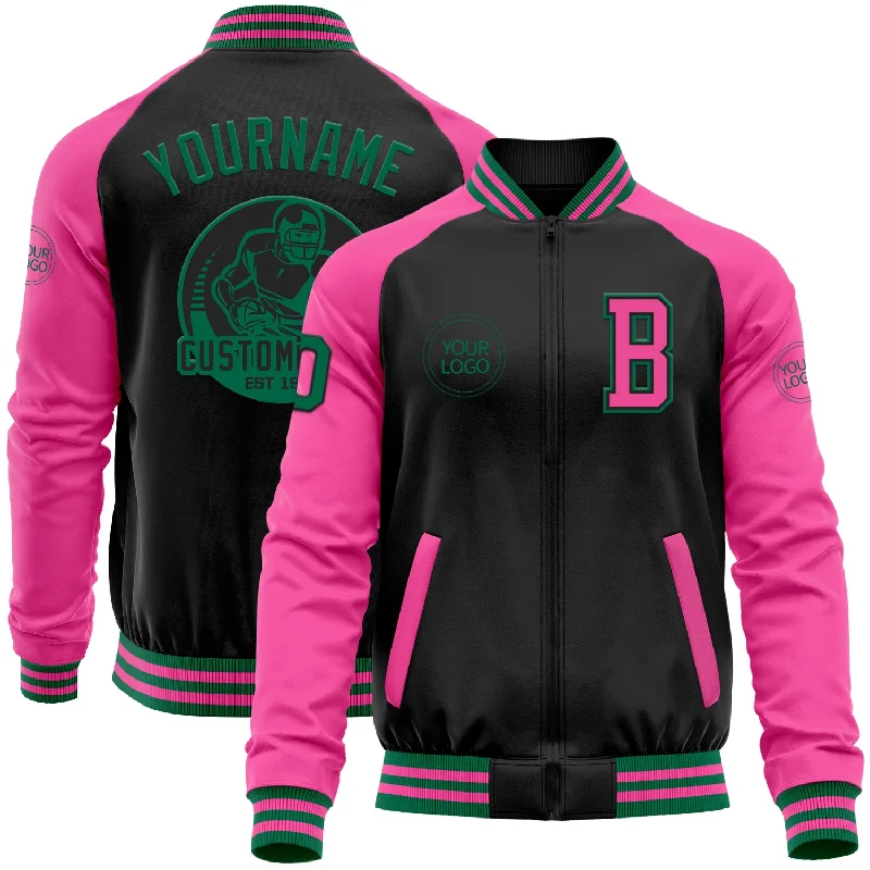 Fashion-Forward Unisex Apparel Fashionista Favorites Custom Black Kelly Green-Pink Bomber Varsity Letterman Two Tone Zipper Jacket