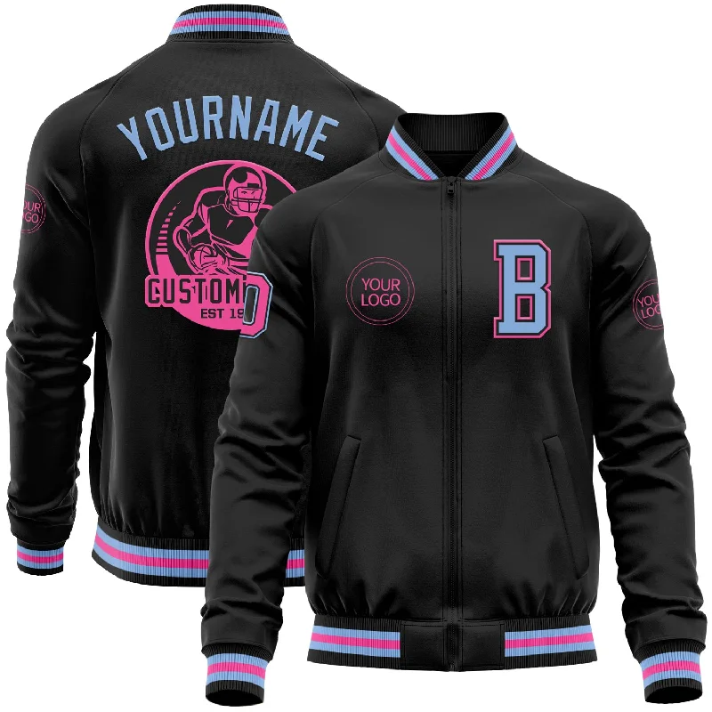 Functional And Stylish Unisex Wear Summer Fashion Custom Black Light Blue-Pink Bomber Varsity Letterman Zipper Jacket