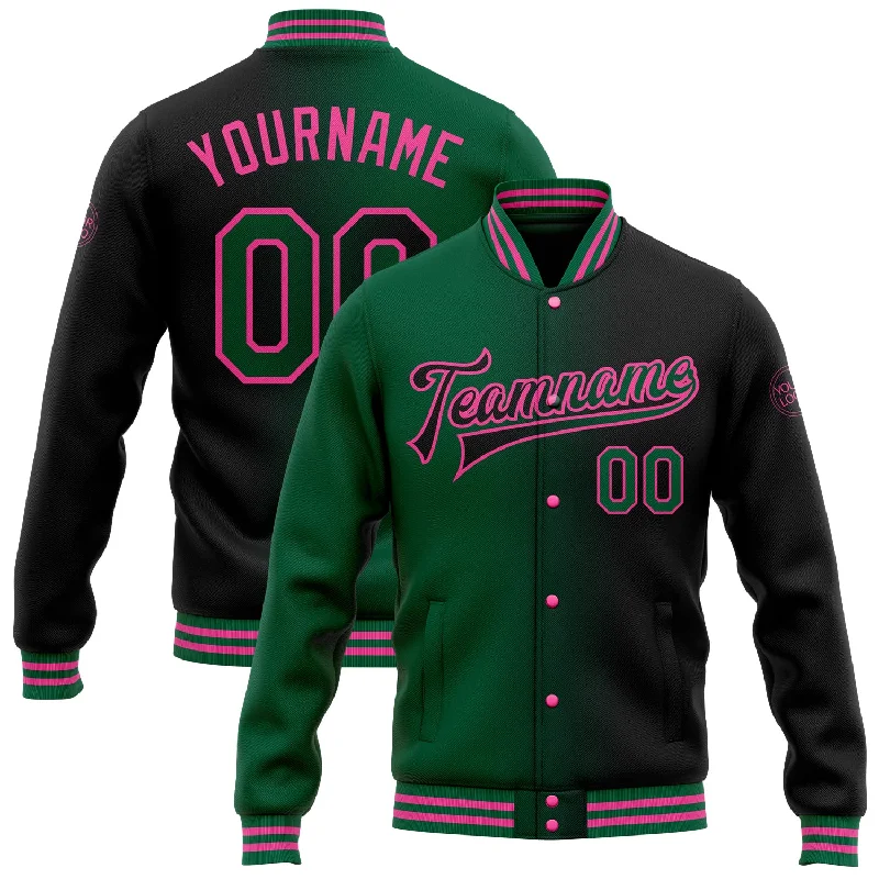 Sustainable Gender-Neutral Apparel Low Price Special Custom Black Kelly Green-Pink Bomber Full-Snap Varsity Letterman Gradient Fashion Jacket