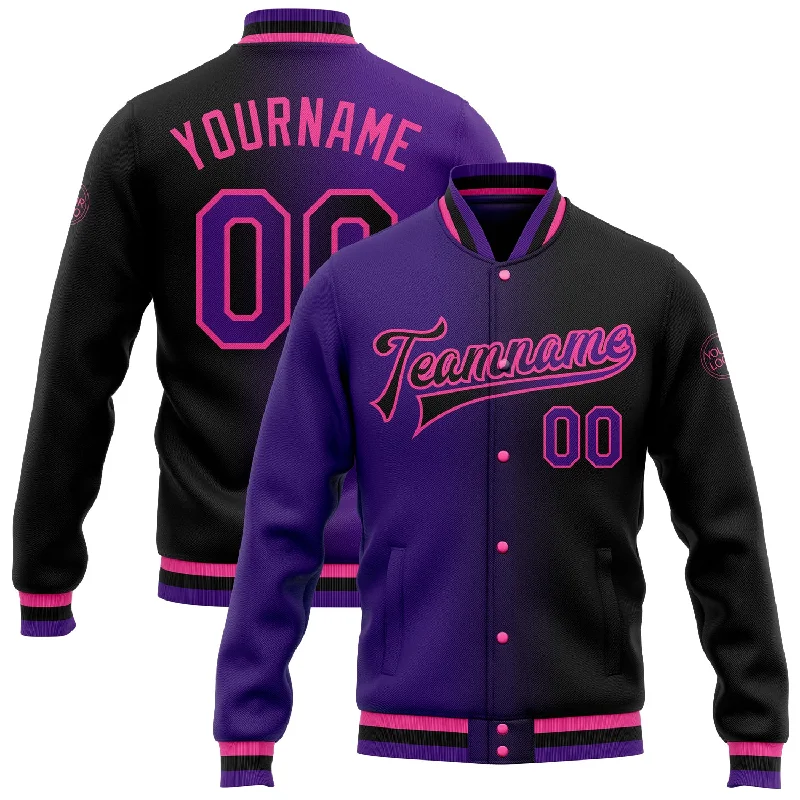 Modern Unisex Clothing For Any Occasion Limited Time Special Offer Custom Black Purple-Pink Bomber Full-Snap Varsity Letterman Gradient Fashion Jacket