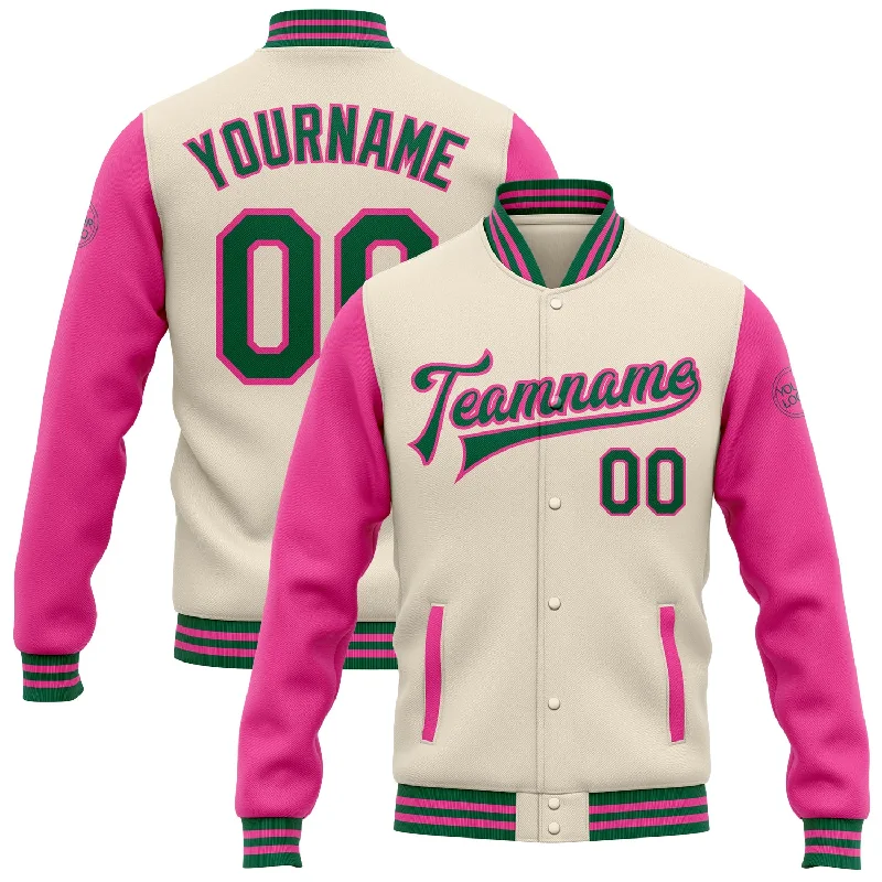 Relaxed-Fit Unisex Fashion For All-Day Comfort Premium Fashion Custom Cream Kelly Green-Pink Bomber Full-Snap Varsity Letterman Two Tone Jacket