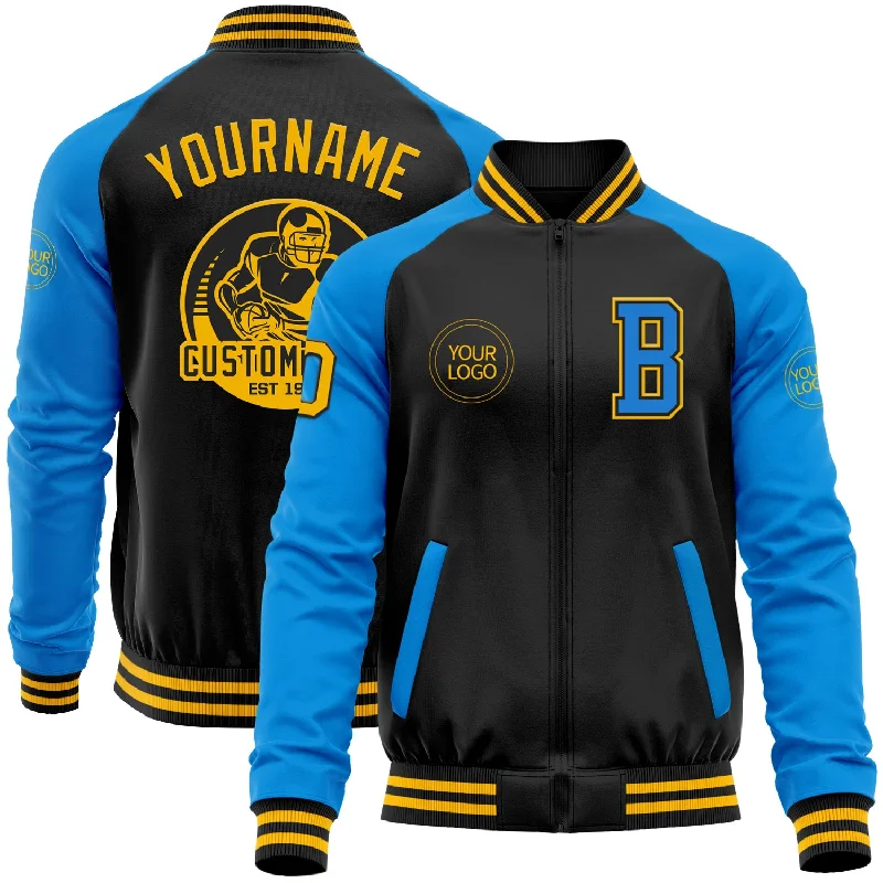 Oversized Unisex Fashion Pieces Exclusive Designer Style Deals Custom Black Gold-Powder Blue Bomber Varsity Letterman Two Tone Zipper Jacket