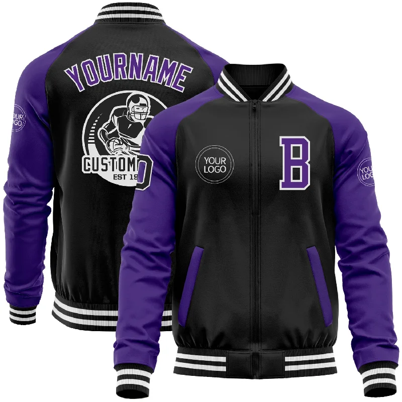 Chic And Contemporary Unisex Clothing Choices Fashion Sale Custom Black Purple-White Bomber Varsity Letterman Two Tone Zipper Jacket