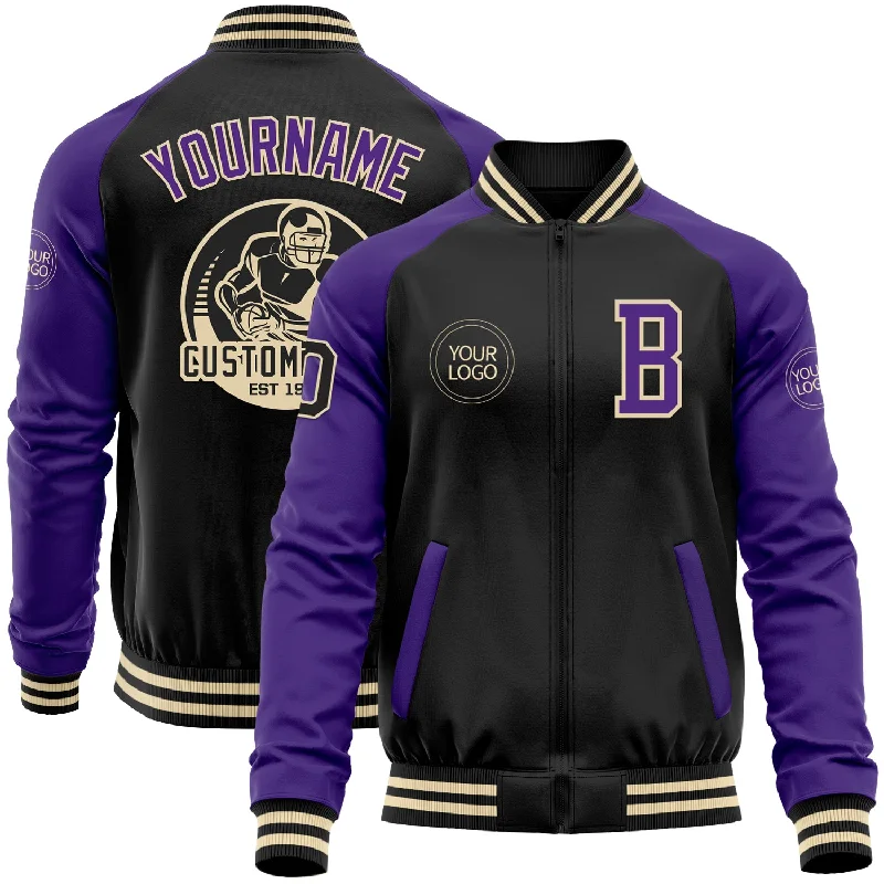 Trendy Unisex Streetwear Fashion Sophisticated Style Offers Custom Black Purple-Cream Bomber Varsity Letterman Two Tone Zipper Jacket