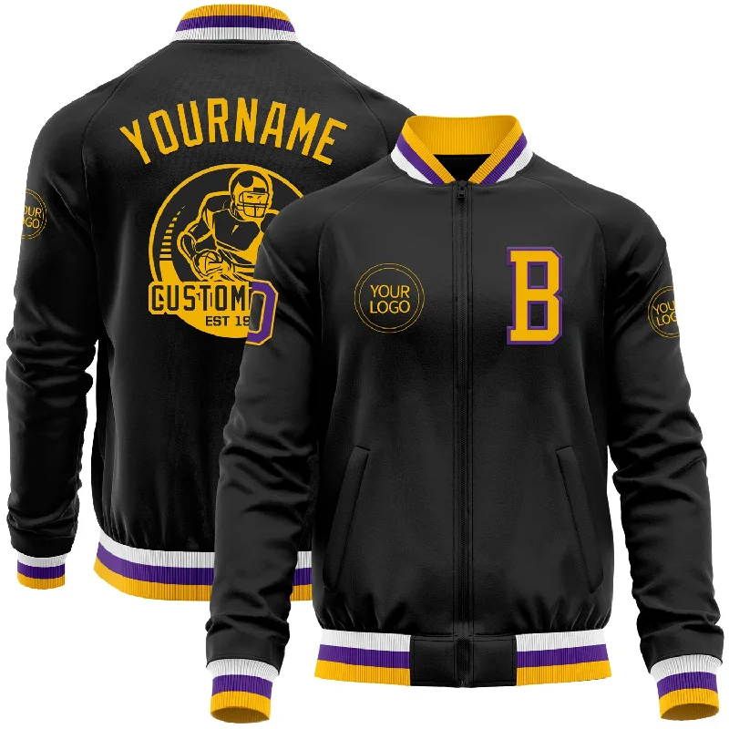 Effortless And Modern Unisex Dressing Contemporary Casual Deals Custom Black Gold-Purple Bomber Varsity Letterman Zipper Jacket