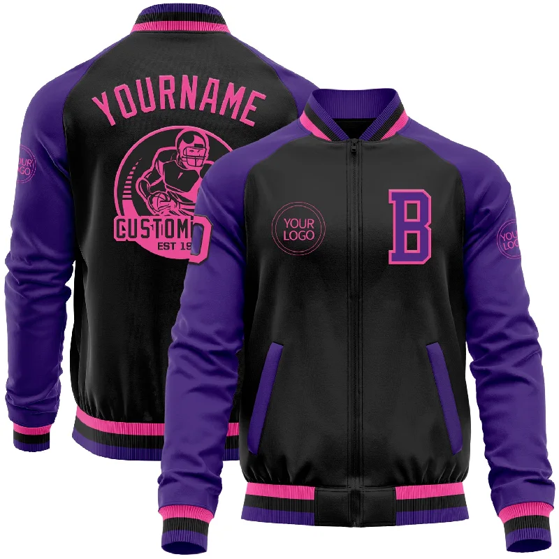 Functional And Stylish Unisex Outerwear Street Style Discounts Custom Black Pink-Purple Bomber Varsity Letterman Two Tone Zipper Jacket