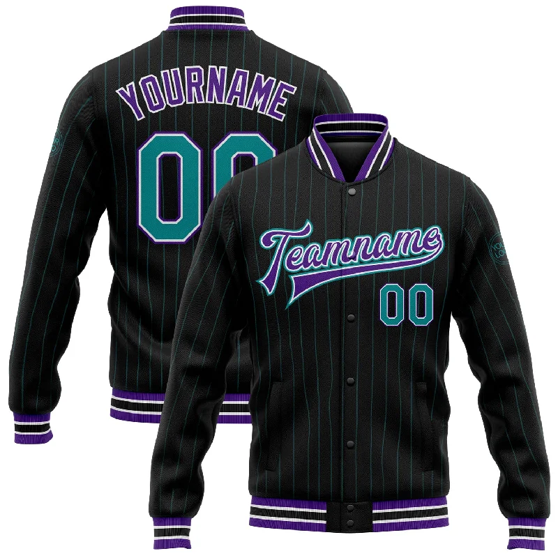 Effortless And Modern Unisex Dressing Classic Modern Offers Custom Black Teal Pinstripe Purple Bomber Full-Snap Varsity Letterman Jacket