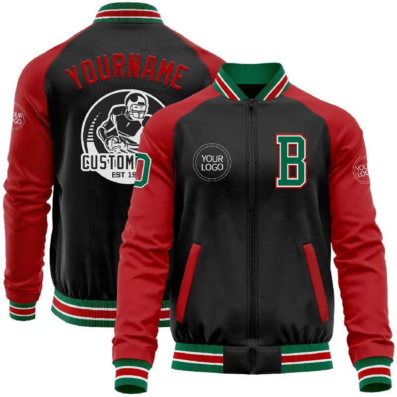 Fashion-Forward Gender-Neutral Outerwear Weekend Exclusive Custom Black Kelly Green-Red Bomber Varsity Letterman Two Tone Zipper Jacket