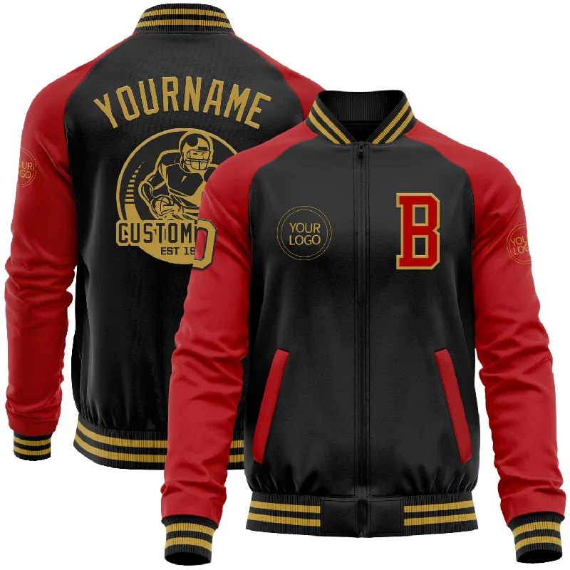 Bold And Trendy Gender-Neutral Outfits Limited Time Deal Custom Black Old Gold-Red Bomber Varsity Letterman Two Tone Zipper Jacket