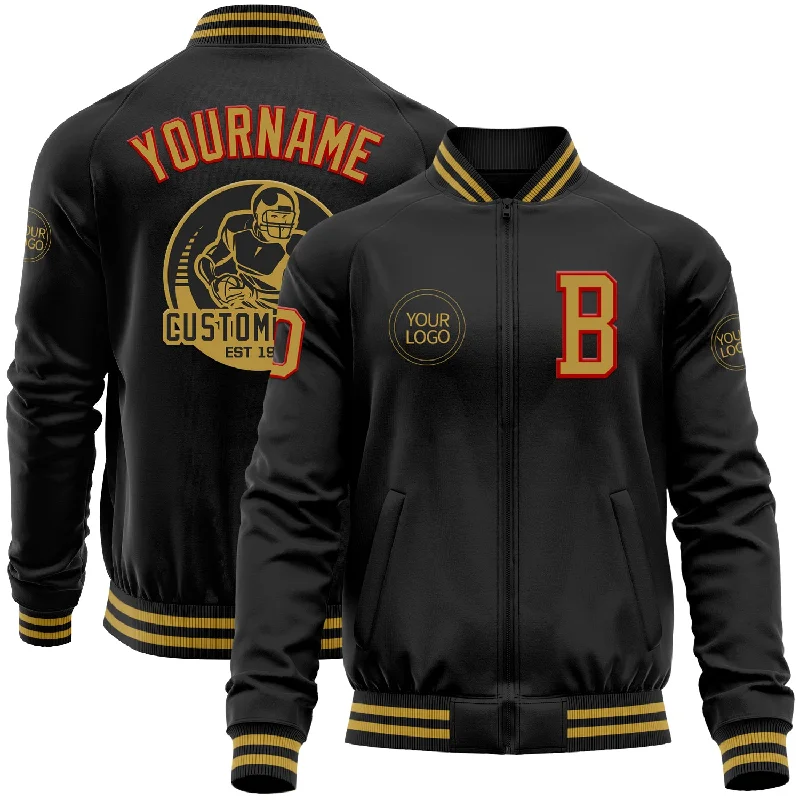 Comfortable Gender-Free Fashion Choices Modern Chic Discounts Custom Black Old Gold-Red Bomber Varsity Letterman Zipper Jacket