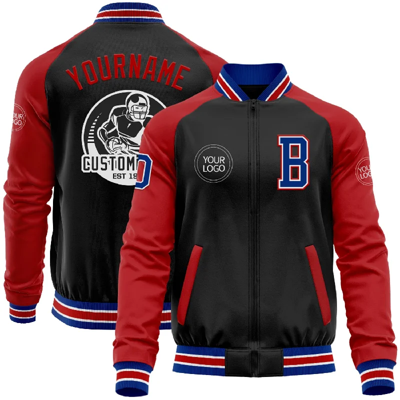 Urban-Inspired Unisex Fashion Pieces Holiday Glam Custom Black Royal-Red Bomber Varsity Letterman Two Tone Zipper Jacket