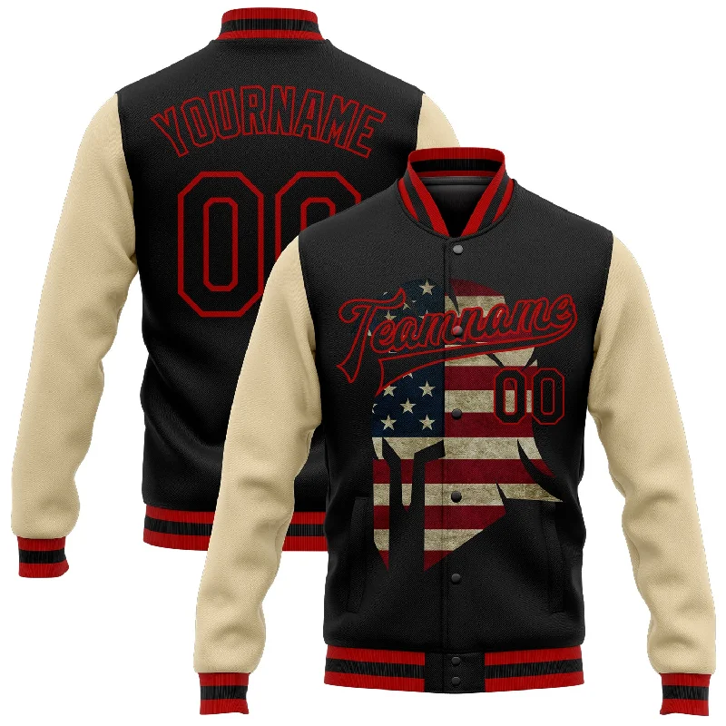 Stylish Unisex Outfit Ideas Limited Styles Custom Black Red-City Cream Spartan Logo With Vintage USA Flag 3D Pattern Design Bomber Full-Snap Varsity Letterman Two Tone Jacket