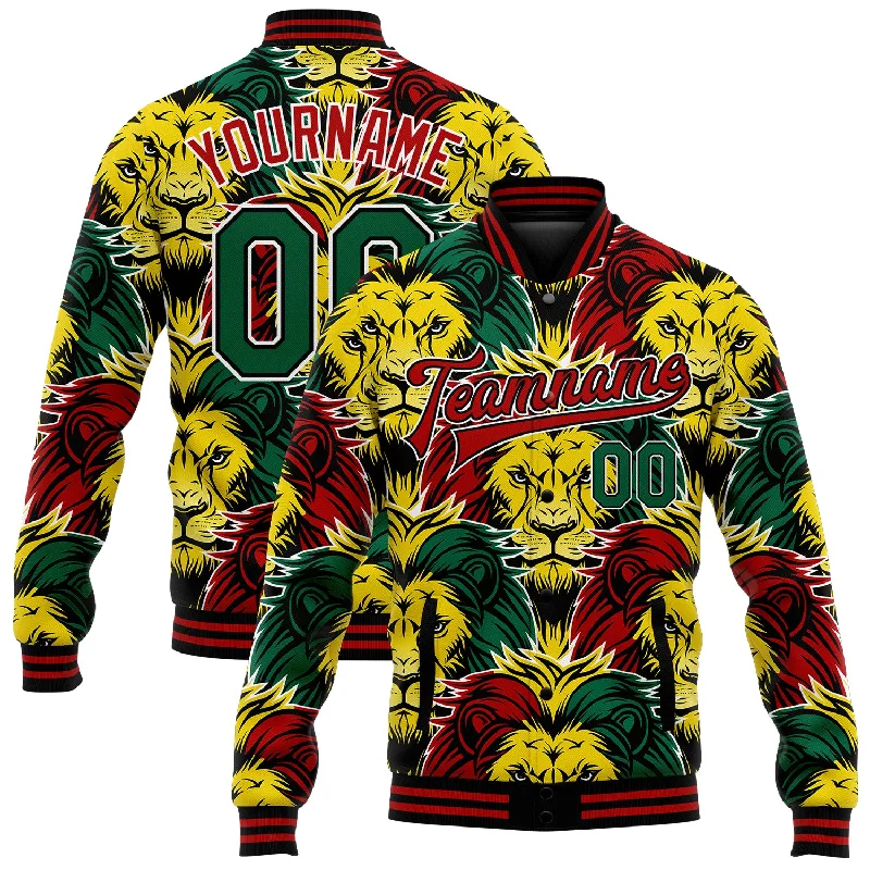 Chic And Casual Unisex Fashion Trends Enjoy Discount Custom Black Kelly Green Red-Gold Black History Month Lion 3D Pattern Design Bomber Full-Snap Varsity Letterman Jacket