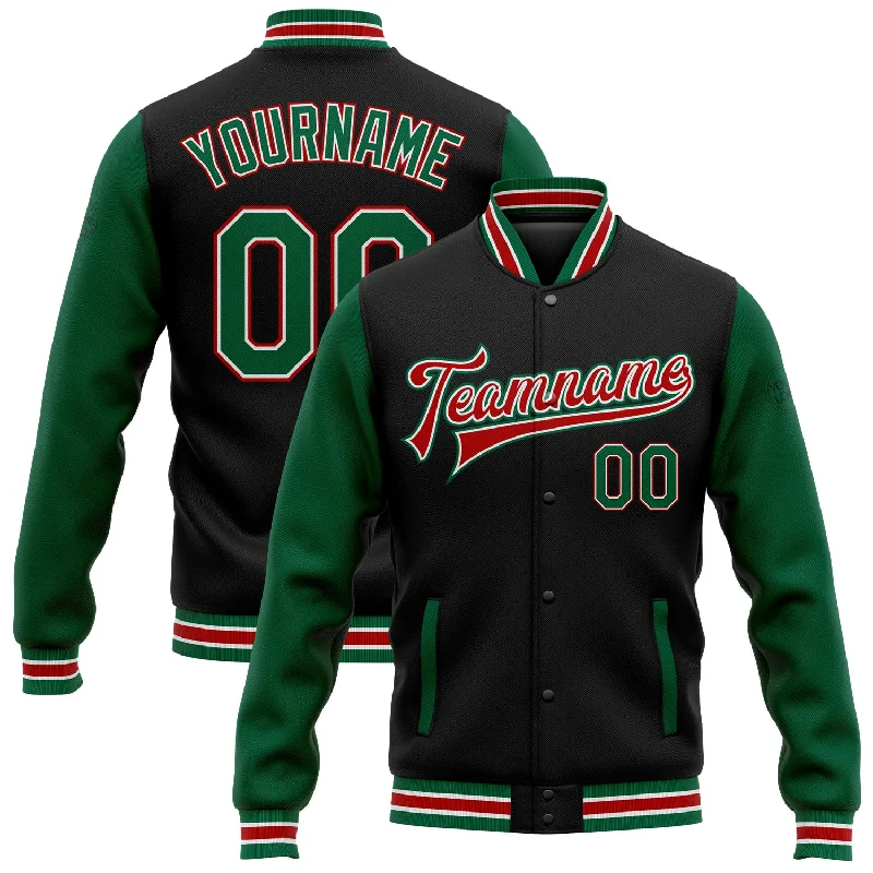 Lightweight And Breathable Unisex Wear Crazy Discounts, Hurry Up Custom Black Kelly Green-Red Bomber Full-Snap Varsity Letterman Two Tone Jacket