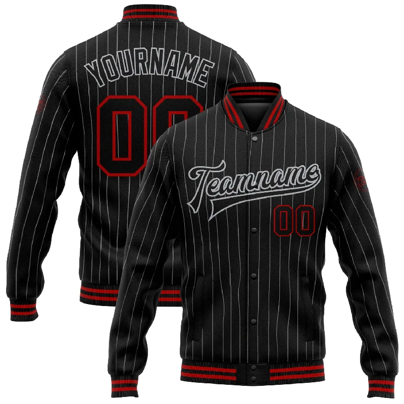 Versatile Unisex Layering Pieces Popular Collection Custom Black Gray Pinstripe Red Bomber Full-Snap Varsity Letterman Jacket