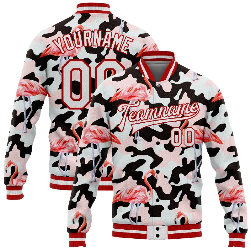 Everyday Wear For Men And Women Massive Savings Custom Camo White-Red Flamingo 3D Pattern Design Bomber Full-Snap Varsity Letterman Salute To Service Jacket