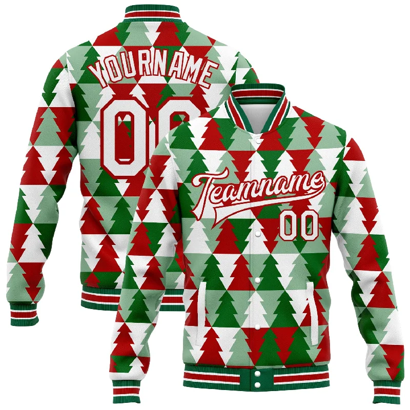 Trendy Unisex Trendy Threads Custom Kelly Green White-Red Christmas Tree 3D Bomber Full-Snap Varsity Letterman Jacket