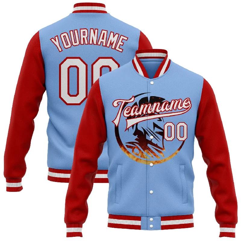 Effortless And Modern Unisex Dressing Special Offer Custom Light Blue White-Red Spartan Logo 3D Pattern Design Bomber Full-Snap Varsity Letterman Two Tone Jacket