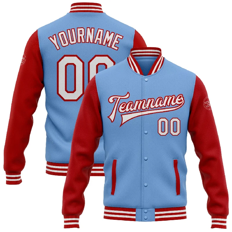 Functional And Stylish Unisex Outerwear Seasonal Sale Custom Light Blue White-Red Bomber Full-Snap Varsity Letterman Two Tone Jacket