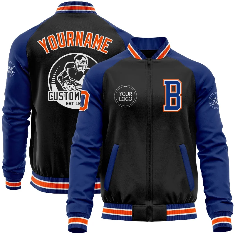 Unisex Casual Fashion Trends Bold Style Discounts Custom Black Orange-Royal Bomber Varsity Letterman Two Tone Zipper Jacket