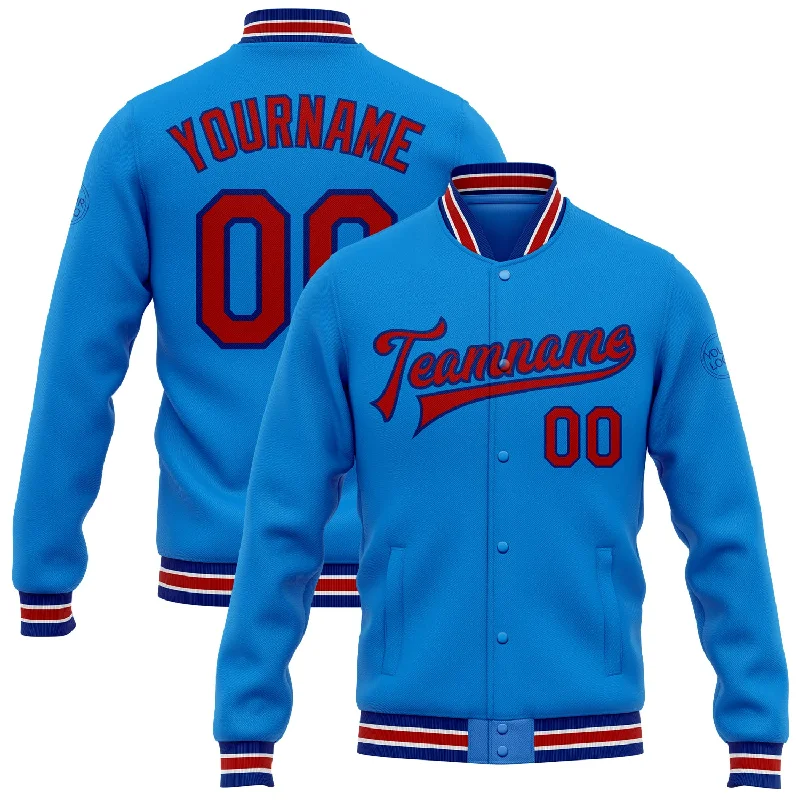 Gender-Neutral Trendy Clothing Styles Hot Items Custom Powder Blue Red-Royal Bomber Full-Snap Varsity Letterman Jacket