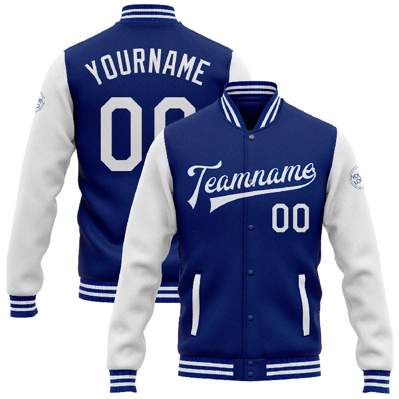 Classic Unisex Fashion Looks Contemporary Chic Promotions Custom Royal White Bomber Full-Snap Varsity Letterman Two Tone Jacket