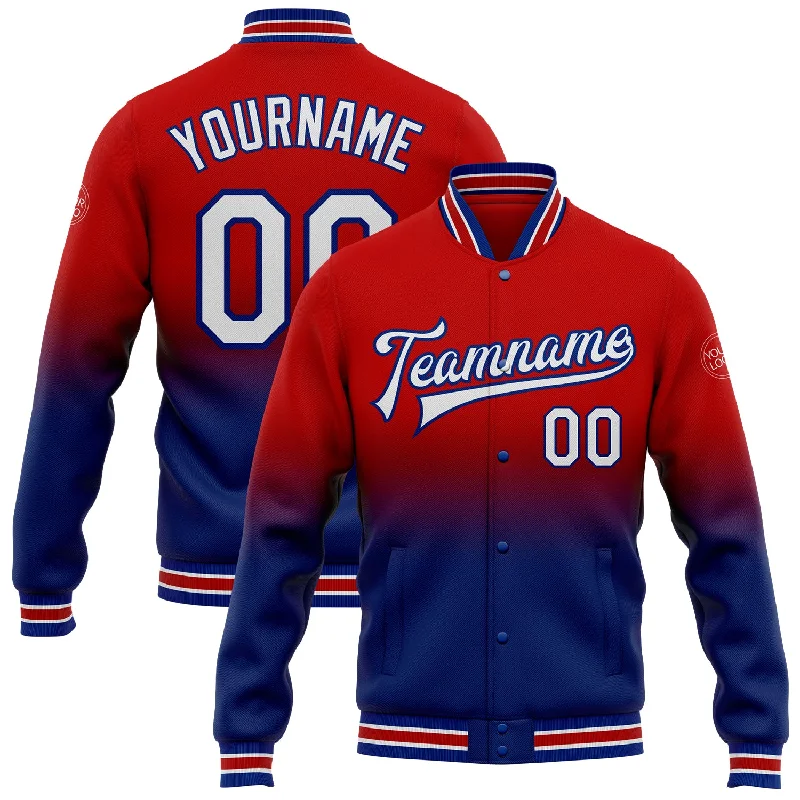 High-Quality Unisex Basics For All Occasions Hot Deals Custom Red White-Royal Bomber Full-Snap Varsity Letterman Fade Fashion Jacket