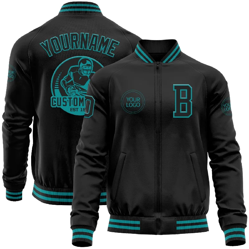 Versatile Gender-Free Wardrobe Essentials Affordable Luxury Fashion Custom Black Teal Bomber Varsity Letterman Zipper Jacket