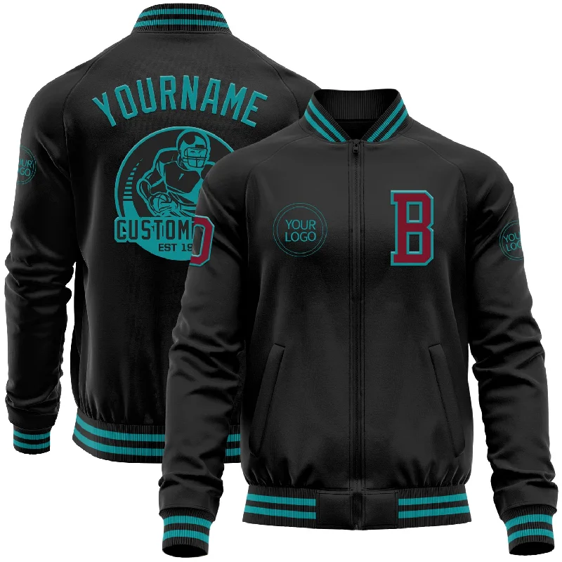 Classic Unisex Fashion Looks Imeless Style Custom Black Crimson-Teal Bomber Varsity Letterman Zipper Jacket