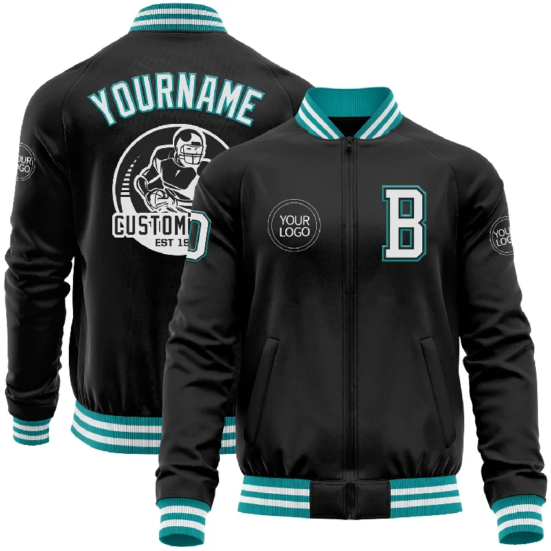 Bold And Trendy Gender-Neutral Outfits Catch Every Fashion Trend Custom Black White-Teal Bomber Varsity Letterman Zipper Jacket