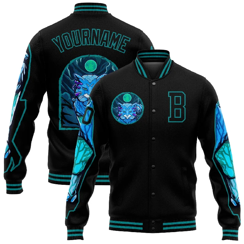 Fashion-Forward Gender-Neutral Outerwear Modern Chic Discounts Custom Black Teal Leopard 3D Pattern Design Bomber Full-Snap Varsity Letterman Jacket