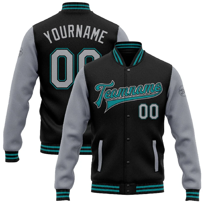 All-Season Unisex Clothing Collection Chic And Edgy Custom Black Gray-Teal Bomber Full-Snap Varsity Letterman Two Tone Jacket