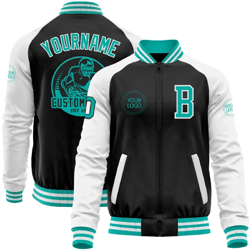 High-Quality Unisex Fashion Basics Modern Chic Discounts Custom Black Aqua-White Bomber Varsity Letterman Two Tone Zipper Jacket