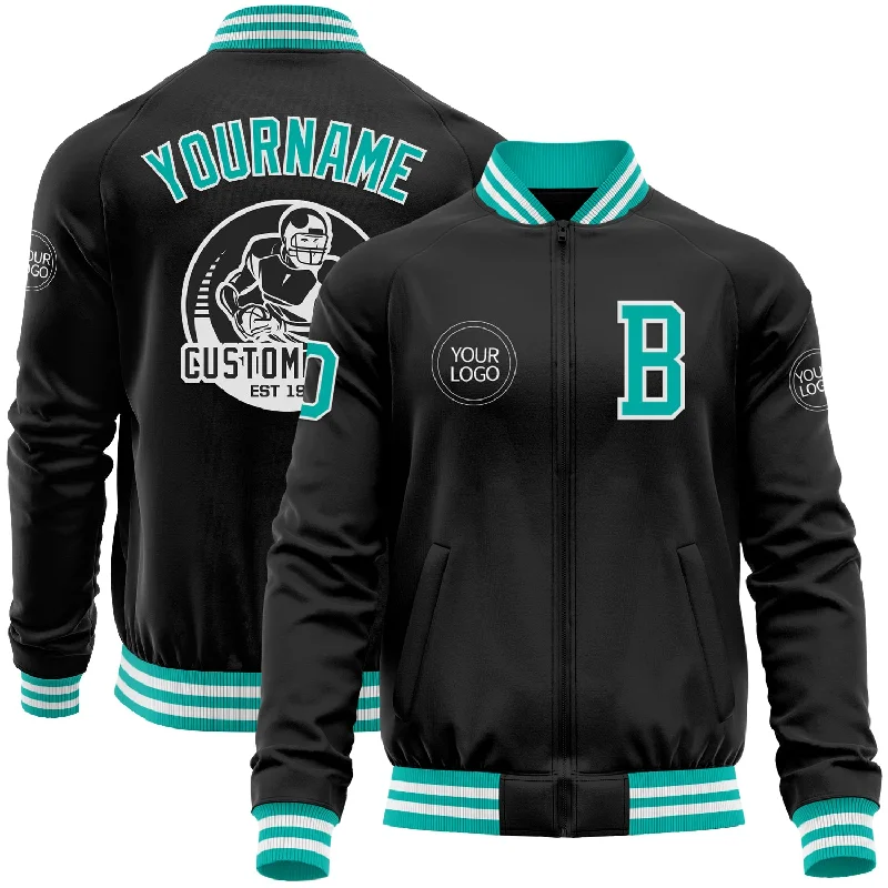 Chic And Casual Unisex Fashion Trends Chic Style, Always In Vogue Custom Black Aqua-White Bomber Varsity Letterman Zipper Jacket