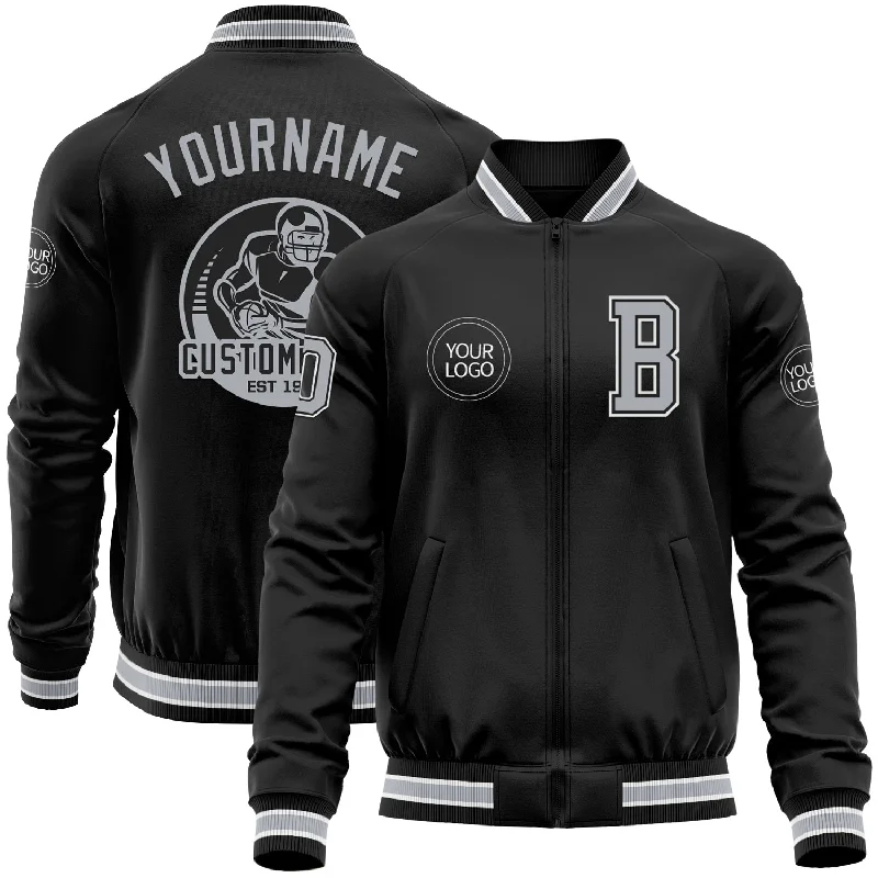 Gender-Neutral Trendy Clothing Styles Forward Trendsetter Custom Black Gray-White Bomber Varsity Letterman Zipper Jacket