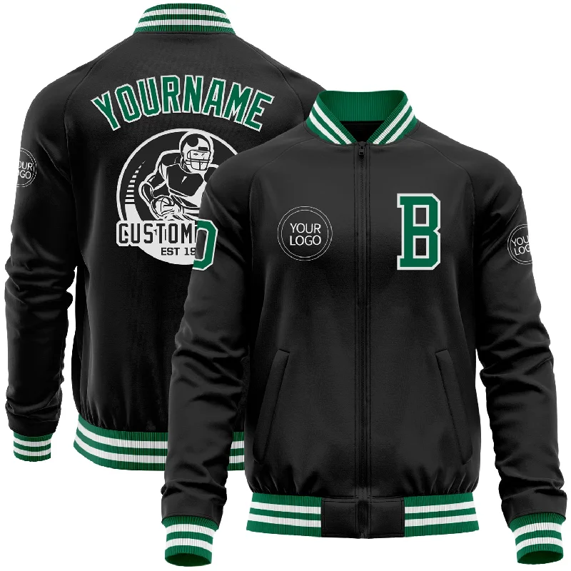 Relaxed-Fit Unisex Clothing Options Holiday Glam Custom Black Kelly Green-White Bomber Varsity Letterman Zipper Jacket