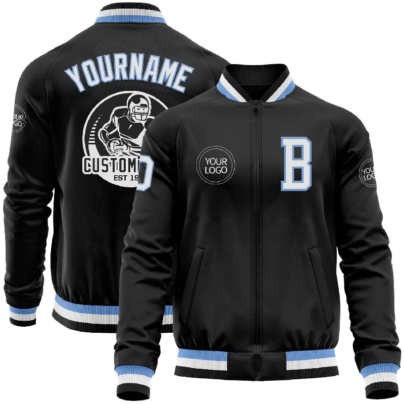 Urban Unisex Fashion Outfits Hurry Before It'S Gone Custom Black Light Blue-White Bomber Varsity Letterman Zipper Jacket