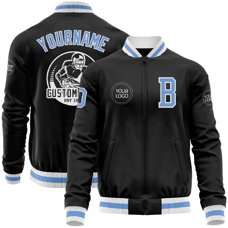 Comfortable Unisex Streetwear Limited Stock Custom Black Light Blue-White Bomber Varsity Letterman Zipper Jacket