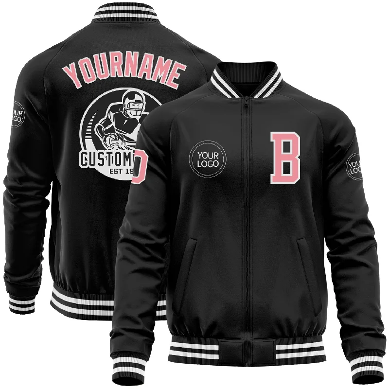 Elegant And Minimal Gender-Free Clothing Limited Time Offers Custom Black Medium Pink-White Bomber Varsity Letterman Zipper Jacket