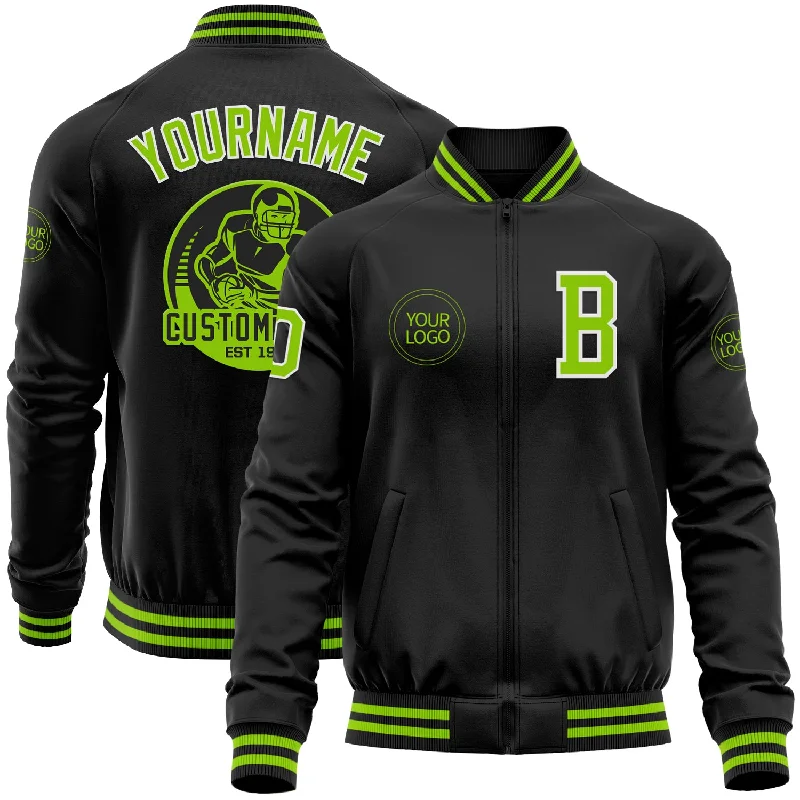 Casual Yet Sophisticated Unisex Fashion Stylish Savings Custom Black Neon Green-White Bomber Varsity Letterman Zipper Jacket