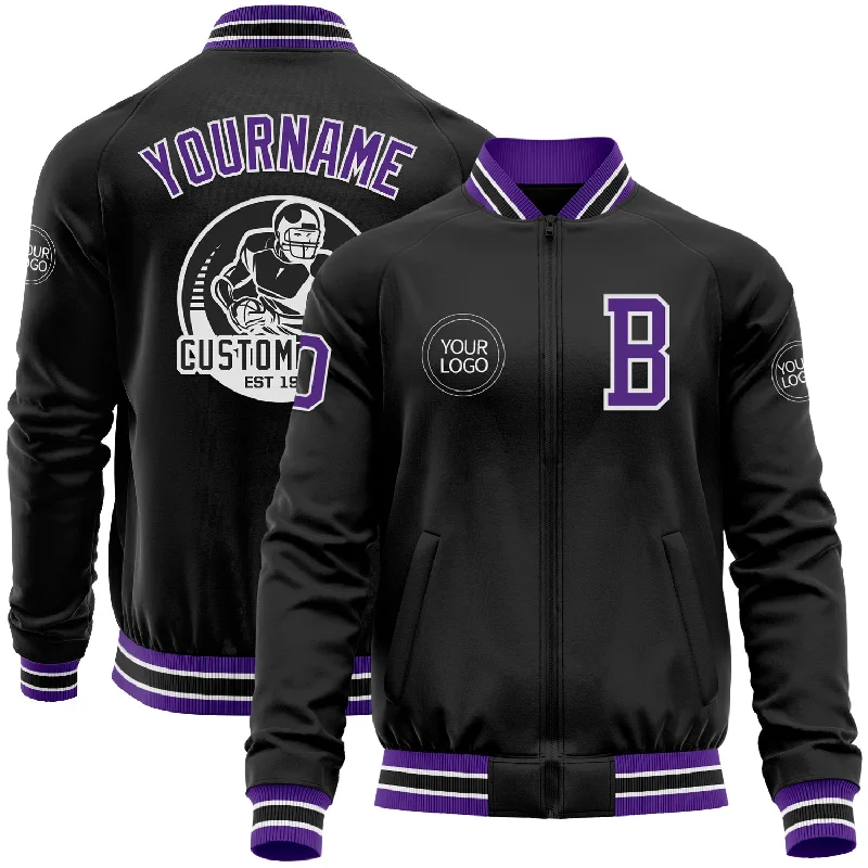 Unisex Casual Wear For All Seasons Sale Event, Prices Rock Custom Black Purple-White Bomber Varsity Letterman Zipper Jacket