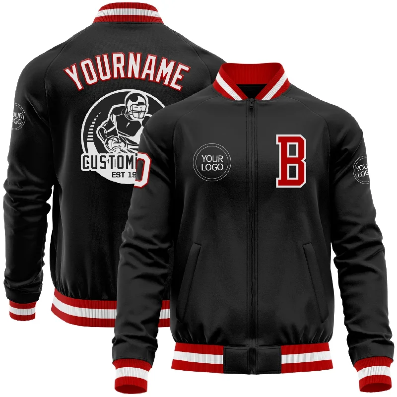 Comfortable Unisex Streetwear Unbeatable Deals Custom Black Red-White Bomber Varsity Letterman Zipper Jacket