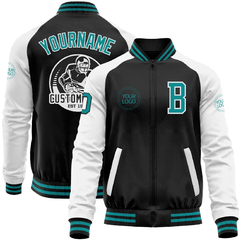 Relaxed-Fit Unisex Clothing Options Elevated Casual Discounts Custom Black Teal-White Bomber Varsity Letterman Two Tone Zipper Jacket