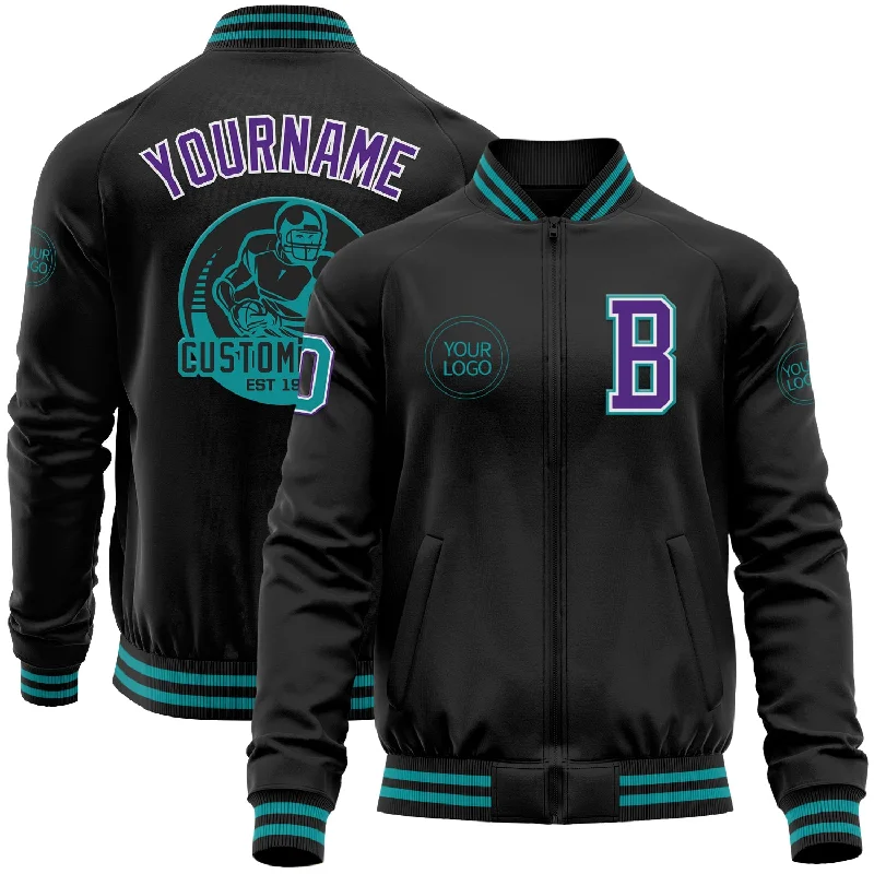 Comfortable Unisex Streetwear Casual Fashion Custom Black Teal-Purple Bomber Varsity Letterman Zipper Jacket