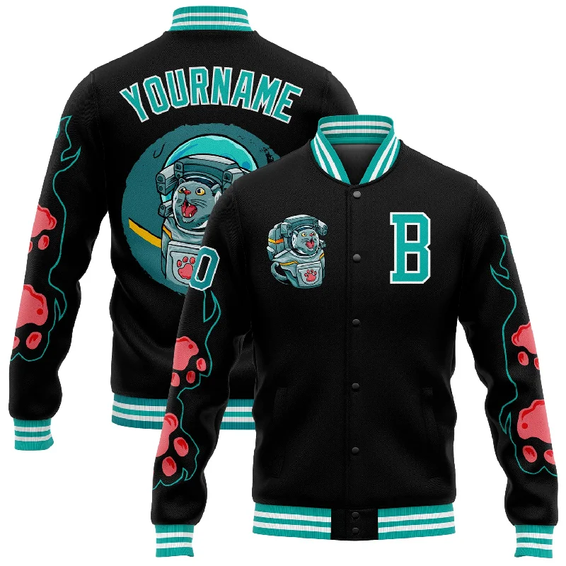 Modern Unisex Streetwear Outfits Smart Casual Deals Custom Black Aqua-White Seated Cat 3D Pattern Design Bomber Full-Snap Varsity Letterman Jacket