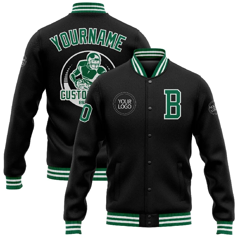 Sleek And Contemporary Gender-Free Outfits Top Brand Discounts Custom Black Kelly Green-White Bomber Full-Snap Varsity Letterman Jacket