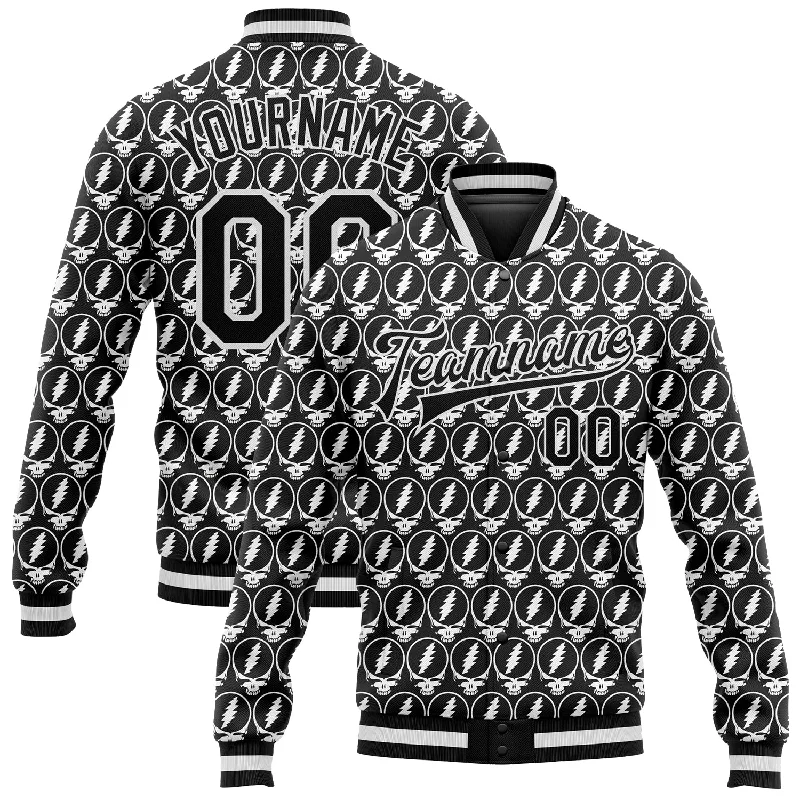 Classic Unisex Fashion Looks Limited-Time Offer Custom Black White Lightning Skull Fashion 3D Bomber Full-Snap Varsity Letterman Jacket