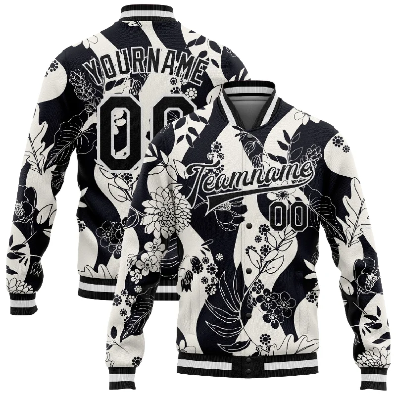 Urban-Inspired Unisex Fashion Pieces Luxury Fashion Discounts Custom Black White Floral Wave 3D Pattern Design Bomber Full-Snap Varsity Letterman Jacket