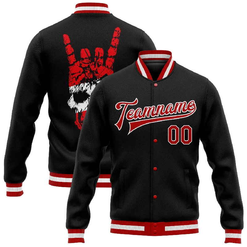 Relaxed-Fit Unisex Fashion For All-Day Comfort Luxury Fashion Custom Black Red-White Skull Fashion 3D Bomber Full-Snap Varsity Letterman Jacket