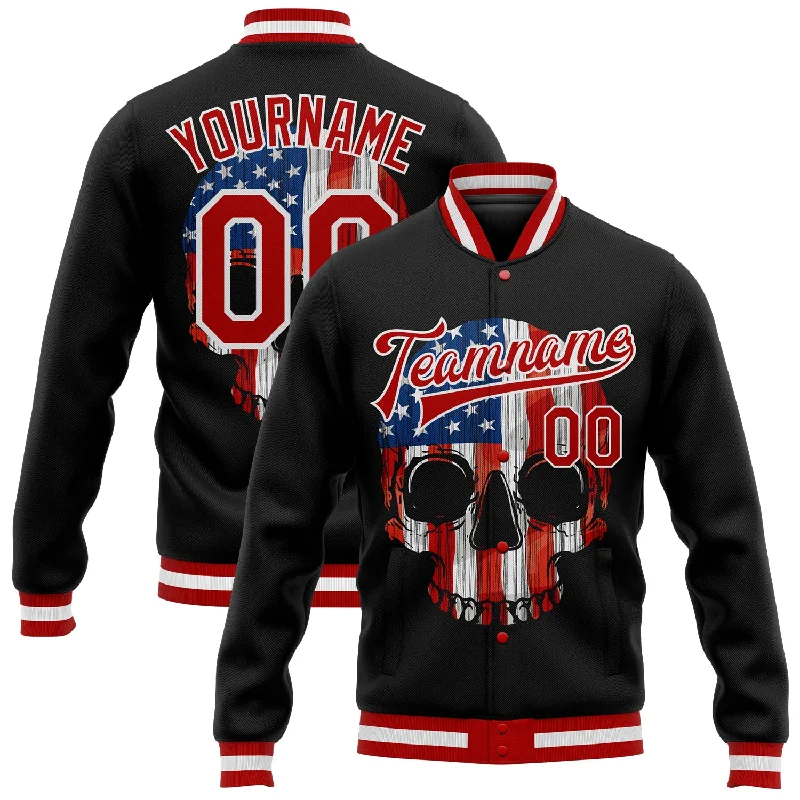 Oversized Unisex Apparel For Effortless Style Evening Elegance Custom Black Red-White Skull With American Flag 3D Bomber Full-Snap Varsity Letterman Jacket